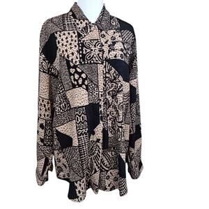 VINTAGE Blouse Top Long Tunic Hong Kong Geo Animal‎ Print No Iron Oversized LG